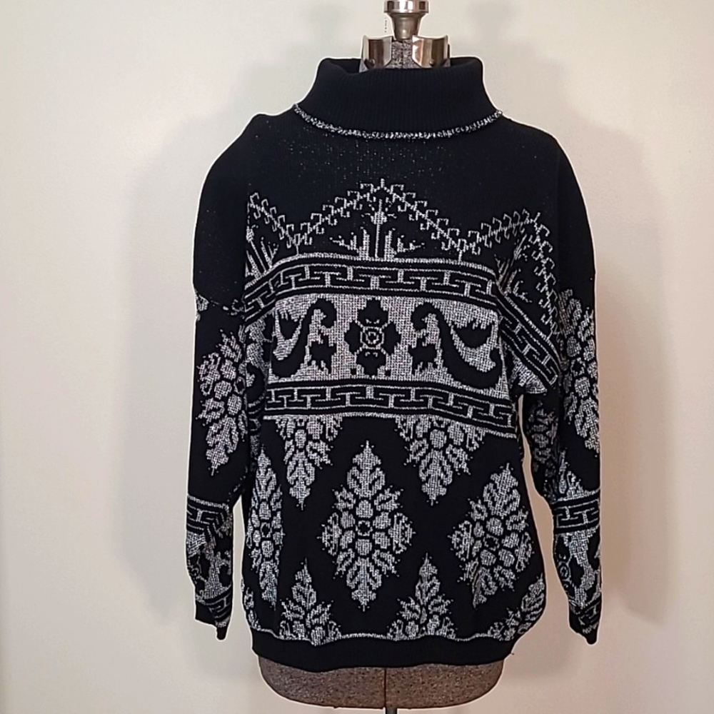 Vintage Rose 70s/80s Shimmery Lurex Silver & Black Sweater Size L/XL